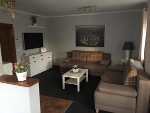 - un salon avec un canapé et une télévision dans l'établissement Spreewald-Ferienwohnung Jahn, à Radensdorf