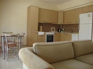 Joy Apartment في كيراموتي: غرفة معيشة مع أريكة ومطبخ
