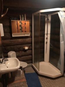 een badkamer met een douche, een toilet en een wastafel bij Kelola Cottage in Keyritty