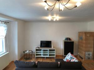 uma sala de estar com um sofá e uma televisão em Sanierte möblierte Altbauwohnung am Waldrand für bis zu 6 Personen em Borkheide