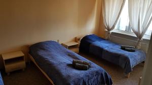2 letti in una camera con lenzuola blu e finestra di Apartment 9 floor a Narva
