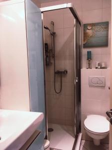 a bathroom with a shower with a toilet and a sink at Apartments Villa Seeblick Travemünde in Travemünde