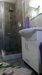 ein Bad mit einem Waschbecken und einer Dusche in der Unterkunft Apartman Maja in Trebinje