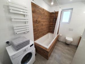 ein Badezimmer mit einer Waschmaschine und einem WC in der Unterkunft Domek pod świerkami - "Apartamenty świerkowe" in Kudowa-Zdrój