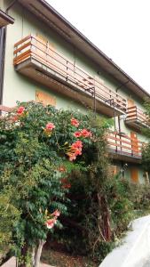 a building with a bush of flowers in front of it at Casa con vista in Corniolo