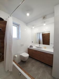Baño blanco con aseo y lavamanos en Domek pod świerkami - "Apartamenty świerkowe" en Kudowa-Zdrój