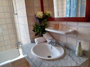 bagno con lavandino e specchio di Apartamentos Villa Margarita a Cala Millor