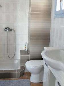 uma casa de banho com um WC, um lavatório e um chuveiro em Aegina Port Apt 2-Διαμέρισμα στο λιμάνι της Αίγινας 2 em Egina