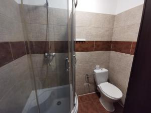 a bathroom with a toilet and a glass shower at Karczma KOSZARKA in Ploski