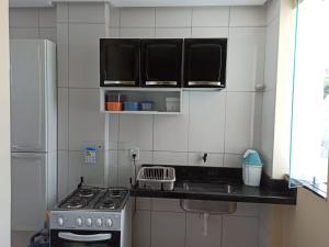 a small kitchen with a stove and a sink at Lotus Apartamentos in Santarém