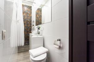 a white bathroom with a toilet and a mirror at Капсульный отель CAPS Hotel in Moscow