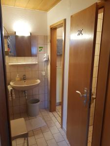 a bathroom with a sink and a toilet at Pension "Zum Schwan" in Muhr amSee