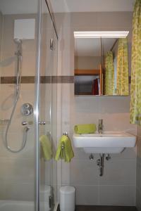 La salle de bains est pourvue d'un lavabo et d'une douche. dans l'établissement Haus Höring, à Dienten am Hochkönig