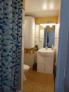 La salle de bains est pourvue de toilettes et d'un lavabo. dans l'établissement Mas Saint Antoine, à Rognonas
