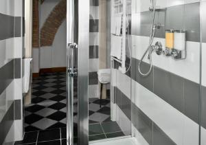 La salle de bains est pourvue d'une douche avec du carrelage noir et blanc. dans l'établissement Roma Resort Termini, à Rome