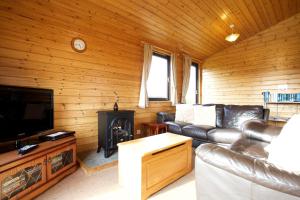 a living room with a couch and a fireplace at Concraig Lodge in Crieff