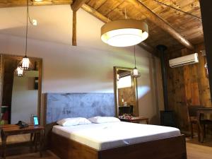 a bedroom with a large bed and a mirror at Motel Casa de Pedra in Caràzinho