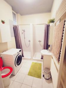 a bathroom with a washing machine and a washer at Emerald Apartment Budapest in Budapest