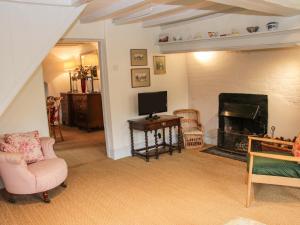 a living room with a television and a fireplace at Wolvesacre Mill Cottage in Whitchurch