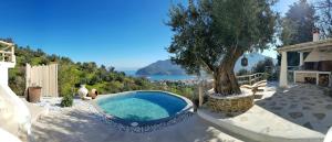 - une piscine avec un arbre et une vue sur l'océan dans l'établissement Christine's House, à Skopelos