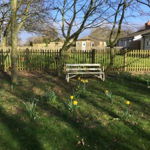 a wooden bench in a yard next to a fence at wingate cottage in Southburgh
