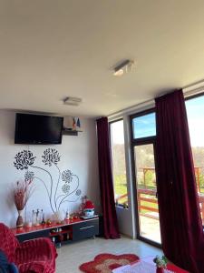 ein Wohnzimmer mit einem Flachbild-TV an der Wand in der Unterkunft Casa Harpes in Plavăţu