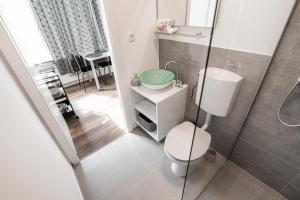a bathroom with a toilet and a sink and a shower at Oxford Apartments in Ljubljana +19 photos