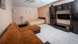 ヴェリーキー・ノヴゴロドにあるApartment Moskvichkaのリビングルーム(ソファ、テレビ、ベッド付)