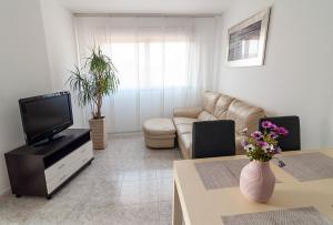 a living room with a couch and a tv at Beach & Pool Sant Salvador - 150m from sea in Comarruga
