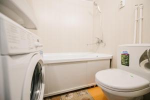 a bathroom with a toilet and a sink and a washing machine at Dekabrist Apartment Bogomyagkogo 66 in Chita