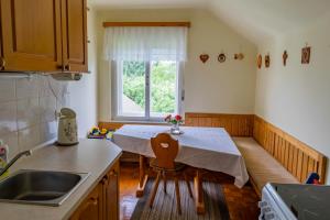 a kitchen with a table and a sink and a window at APARTMA JANŠA in Bled