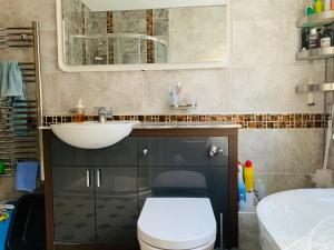 a bathroom with a sink and a toilet and a mirror at Hereward in Wisbech