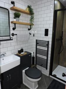 a bathroom with a black toilet and a sink at Scafell View Apartment, Wasdale, Lake District, Cumbria in Nether Wasdale +5 photos