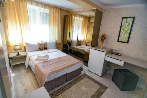 a hotel room with a bed and a mirror at Floare de Iris in Vama Veche