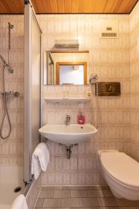 ein Badezimmer mit einem Waschbecken, einem WC und einem Spiegel in der Unterkunft Hotel-Gasthof Zum Dragoner in Peiting