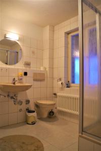 bagno con servizi igienici, lavandino e specchio di Haus Barnabas im Engel, Gasthaus Engel a Utzenfeld