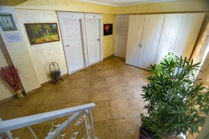 un couloir vide avec des portes blanches et des plantes en pot dans l'établissement Floare de Iris, à Vama Veche