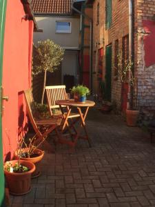 a patio with a table and chairs and potted plants at Inselhaus Malchow in Malchow