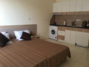 a bedroom with a bed and a washing machine at Apart Hotel salt Lake in Pomorie