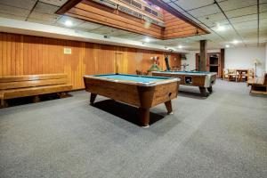 2 mesas de billar en una habitación con paredes de madera en Three Seasons Condominiums, en Crested Butte