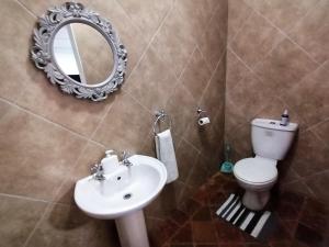a bathroom with a toilet and a sink and a mirror at The Guesthouse Klerksdorp in Klerksdorp