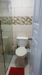 een badkamer met een toilet en een glazen douche bij 2 Guests 1bed Studio 3min To Beach And Main Street in Sosúa