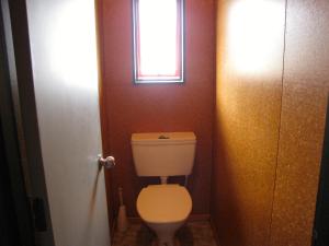 a small bathroom with a toilet and a window at Alpine Cabin - Ohakune Holiday Home in Ohakune +8 photos