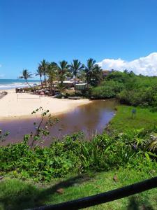 uma praia arenosa com palmeiras e o oceano em Pousada Mangue Seco em Itaúnas