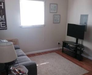 a living room with a couch and a flat screen tv at Cozy 1 BR Efficiency Apt close to TTU and Downtown in Cookeville