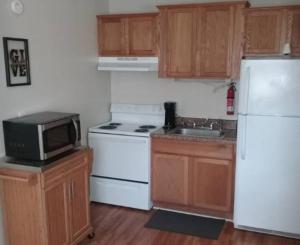 a kitchen with a white refrigerator and a microwave at Cozy 1 BR Efficiency Apt close to TTU and Downtown in Cookeville