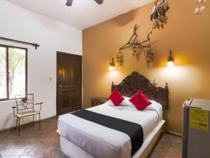 een slaapkamer met een groot bed met rode kussens bij Hotel Olimpia in Monclova