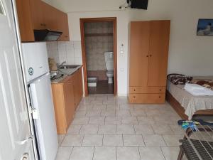 a small kitchen with a sink and a toilet at Villa Giannis Apartments in Nea Vrasna