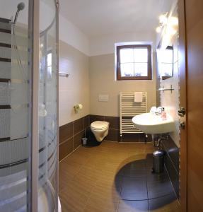 La salle de bains est pourvue de toilettes, d'un lavabo et d'une douche. dans l'établissement Penzion Chopok - Apartments, à Liptovský Mikuláš