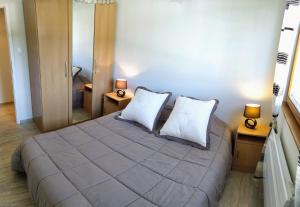 um quarto com uma cama grande e 2 almofadas em Alsace Appartements Meyer-Krumb em Sigolsheim